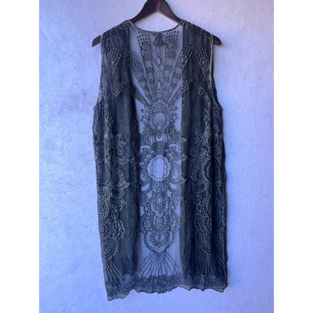 Aris A 100% Silk Embroidered Lace Duster Vest Gray Open Front Longline Medallion